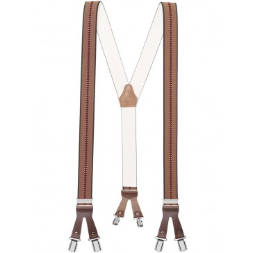Hochwertige Hosenträger in Trendigen Braun / Bordeaux / Oliv Gestreift  Design mit Braunen Lederriemen und 6 Clips