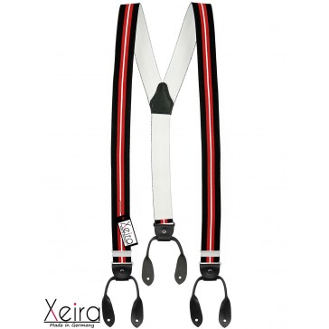 Hosenträger von Xeira® in Schwarz- Rot & Blau - Weiß Design mit Lederriemen
