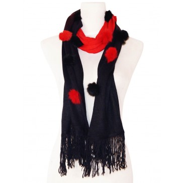 Eleganter Schal - zweifarbig mit Kunstfell Bommeln - Schwarz - Rot 