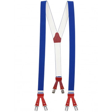 Hochwertige Hosenträger in Uni Königsblau mit Roten Lederriemen und 6 Clips
