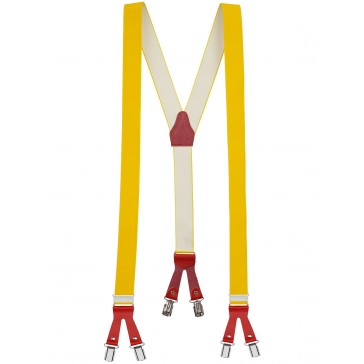 Hochwertige Hosenträger in Uni Gelb mit Roten Lederriemen und 6 Clips