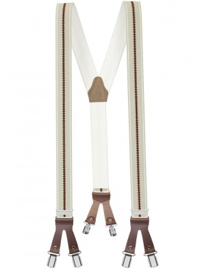 Hochwertige Hosenträger in Trendigen Gestreifen  Design mit  Lederriemen und 6 Clips - Hell Grau und Beige / Braun