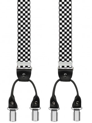 Hosenträger von Xeira® in Trendigen Schwarz / Weiß Kariert mit Vintage Lederriemen und 6 Clips