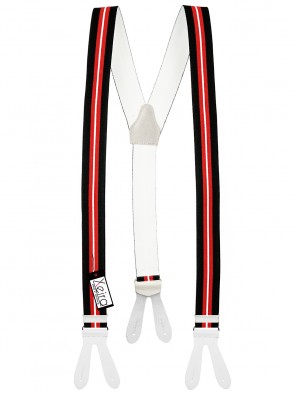 Hosenträger von Xeira® in Schwarz - Blau & Rot - Weiß Gestreiften Design mit Lederriemen