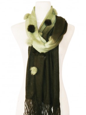 Eleganter Schal - zweifarbig mit Kunstfell Bommeln - Grün - Dunkel Grün