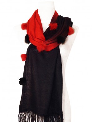 Eleganter Schal - zweifarbig mit Kunstfell Bommeln - Schwarz - Rot 